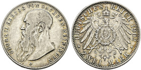 Silbermünzen des Kaiserreiches. SACHSEN-MEININGEN 

Georg II. 1866-1915. 2 Mark 1902 D. Bart berührt Perlkreis. J. 151a. selten, gutes sehr schön