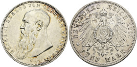 Silbermünzen des Kaiserreiches. SACHSEN-MEININGEN 

Georg II. 1866-1915. 5 Mark 1902 D. Bart berührt Perlkreis. J. 153a. kleine Randfehler, sehr sch...