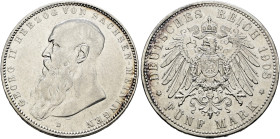 Silbermünzen des Kaiserreiches. SACHSEN-MEININGEN 

Georg II. 1866-1915. 5 Mark 1908 D. Bart berührt Perlkreis nicht. J. 153b. sehr schön