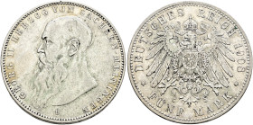 Silbermünzen des Kaiserreiches. SACHSEN-MEININGEN 

Georg II. 1866-1915. 5 Mark 1908 D. Bart berührt Perlkreis nicht. J. 153b. kleine Kratzer, sehr ...