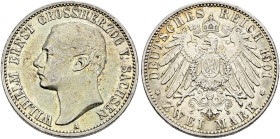 Silbermünzen des Kaiserreiches. SACHSEN-WEIMAR-EISENACH 

Wilhelm Ernst 1901-1918. 2 Mark 1901 A. Regierungsantritt. J. 157. feine Patina, sehr schö...