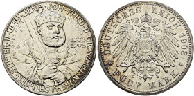 Silbermünzen des Kaiserreiches. SACHSEN-WEIMAR-EISENACH 

Wilhelm Ernst 1901-1918. 5 Mark 1908. Uni Jena. J. 161. kleine Randfehler, vorzüglich-präg...