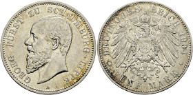 Silbermünzen des Kaiserreiches. SCHAUMBURG-LIPPE 

Georg 1893-1911. 5 Mark 1904 A. J. 165. selten, kleine Kratzer und Randfehler, gutes sehr schön