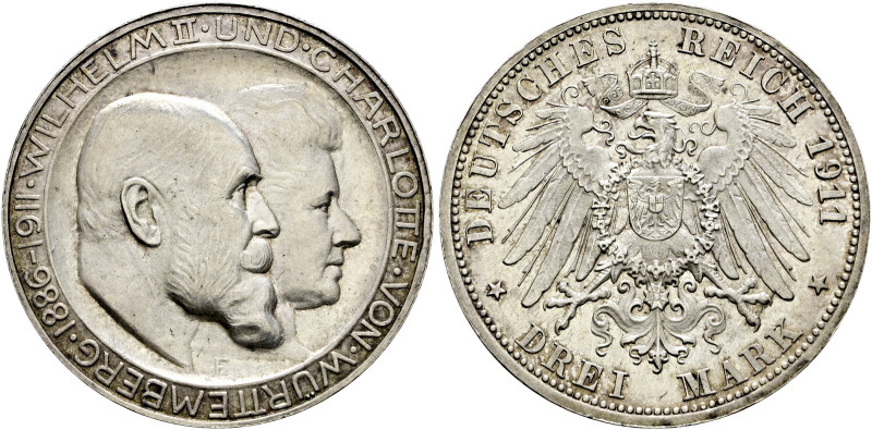 Silbermünzen des Kaiserreiches. WÜRTTEMBERG 

Wilhelm II. 1891-1918. 3 Mark 19...