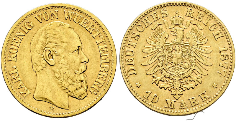 Reichsgoldmünzen. WÜRTTEMBERG 

Karl 1864-1891. 10 Mark 1877 F. J. 292. sehr s...