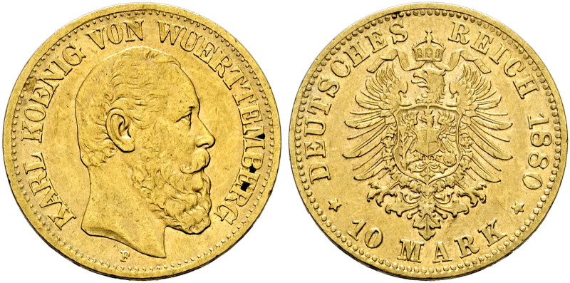 Reichsgoldmünzen. WÜRTTEMBERG 

Karl 1864-1891. 10 Mark 1880 F. J. 292. gutes ...