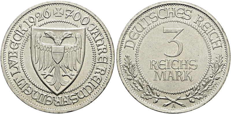 Weimarer Republik. 

3 Reichsmark 1926 A. Lübeck. J. 323. kleine Randfehler, v...