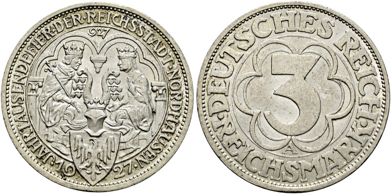 Weimarer Republik. 

3 Reichsmark 1927 A. Nordhausen. J. 327. leichte Tönung, ...