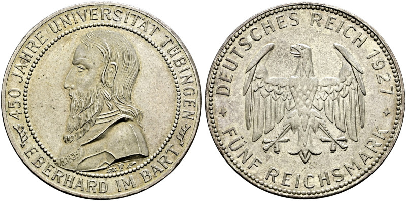 Weimarer Republik. 

5 Reichsmark 1927 F. Uni Tübingen. J. 329. fast Stempelgl...