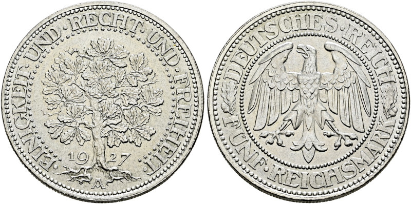 Weimarer Republik. 

5 Reichsmark 1927 A. Eichbaum. J. 331. vorzüglich-prägefr...