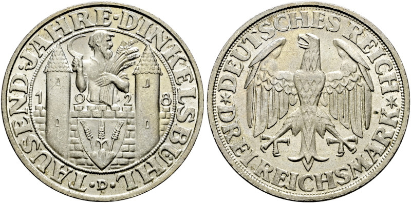 Weimarer Republik. 

3 Reichsmark 1928 D. Dinkelsbühl. J. 334. leichte Tönung,...