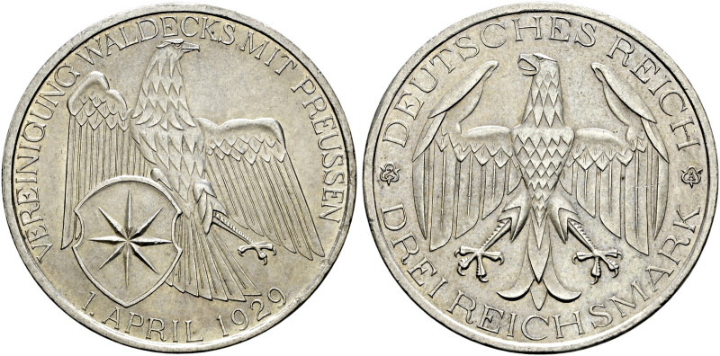 Weimarer Republik. 

3 Reichsmark 1929 A. Waldeck. J. 337. minimale Randuneben...