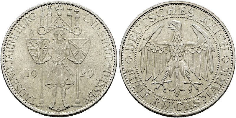 Weimarer Republik. 

5 Reichsmark 1929 E. Meißen. J. 339. minimale Kratzer, vo...