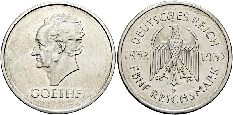 Weimarer Republik. 

5 Reichsmark 1932 F. Goethe. J. 351. minimal raue Oberflä...