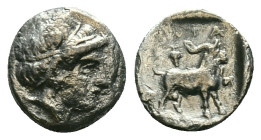 Greek
Troas, Antandros. AR Diobol or Trihemiobol.Late 5th century BC.
Obv: Head of Artemis Astyrene right, wearing tainia.
Rev: ANTA N, Goat standi...