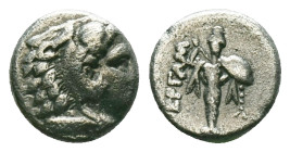 MYSIA. Pergamon. (Circa 310-282 BC). Diobol.

Obv : Head of Herakles right, wearing lion skin.
Rev : ΠΕΡΓΑMH.
Archaistic Palladion: facing statue of P...