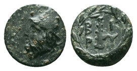Greek Coins
TROAS.Birytis.(Circa 350-300 BC).Ae.
Obv : Bearded head of Kabeiros left, wearing pilos.
Rev : B-I P-Y.
Club within wreath

Condition: Ver...