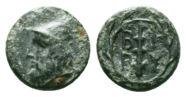Greek Coins
TROAS.Birytis.(Circa 350-300 BC).Ae.
Obv : Bearded head of Kabeiros ...