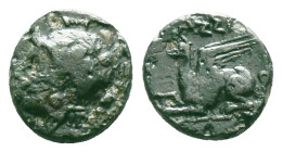 TROAS. Assos. (4th-mid 3rd century BC).
AE Bronze
Obv: Head of Athena to right, wearing crested Attic helmet.
Rev: AΣΣI Griffin to left.
SNG Arika...