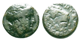 GREEK
TROAS. Antandros (4th-3rd centuries BC.) AE.
Obv: Laureate head of Apollo right.
Rev: ANTANΔΡ.
Head of lion right; grape bunch above.

Condition...