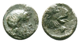 GREEK
TROAS. Antandros (4th-3rd centuries BC.) AE.
Obv: Laureate head of Apollo right.
Rev: ANTANΔΡ.
Head of lion right; grape bunch above.

Condition...