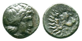 GREEK
TROAS. Antandros (4th-3rd centuries BC.) AE.
Obv: Laureate head of Apollo right.
Rev: ANTANΔΡ.
Head of lion right; grape bunch above.

Condition...