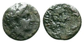 GREEK
TROAS. Antandros (4th-3rd centuries BC.) AE.
Obv: Laureate head of Apollo right.
Rev: ANTANΔΡ.
Head of lion right; grape bunch above.

Condition...