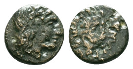 GREEK
TROAS. Antandros (4th-3rd centuries BC.) AE.
Obv: Laureate head of Apollo right.
Rev: ANTANΔΡ.
Head of lion right; grape bunch above.

Condition...