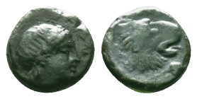 GREEK
TROAS. Antandros (4th-3rd centuries BC.) AE.
Obv: Laureate head of Apollo right.
Rev: ANTANΔΡ.
Head of lion right; grape bunch above.

Condition...