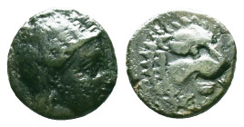 GREEK
TROAS. Antandros (4th-3rd centuries BC.) AE.
Obv: Laureate head of Apollo right.
Rev: ANTANΔΡ.
Head of lion right; grape bunch above.

Condition...