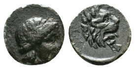 GREEK
TROAS. Antandros (4th-3rd centuries BC.) AE.
Obv: Laureate head of Apollo right.
Rev: ANTANΔΡ.
Head of lion right; grape bunch above.

Condition...