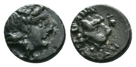 GREEK
TROAS. Antandros (4th-3rd centuries BC.) AE.
Obv: Laureate head of Apollo right.
Rev: ANTANΔΡ.
Head of lion right; grape bunch above.

Condition...