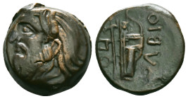 Greek Coins
SKYTHIA. Olbia. Ae (Circa 310-280 BC). Obv: Horned head of Borysthenes left. Rev: OΛBIO. Axe and bow in quiver; monogram to left.

Conditi...