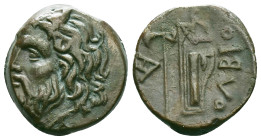 Greek Coins
SKYTHIA. Olbia. Ae (Circa 310-280 BC). Obv: Horned head of Borysthenes left. Rev: OΛBIO. Axe and bow in quiver; monogram to left.

Conditi...