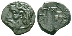 Greek Coins
SKYTHIA. Olbia. Ae (Circa 310-280 BC). Obv: Horned head of Borysthenes left. Rev: OΛBIO. Axe and bow in quiver; monogram to left.

Conditi...