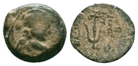 GREEK
Seleukid Empire, Alexander II Zabinas Æ 14mm. Antioch on the Orontes, 128-122 BC. Winged bust of Eros to right / Anchor; ΒΑΣΙΛΕΩΣ to right, ΑΛΕΞ...