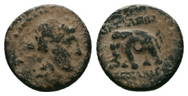 Greek
Seleukid Kingdom. Antiochos III. 223-187 B.C. AE 14 dilepton Laureate head of Apollo right / [ΒΑΣ]ΙΛΕ[ΩΣ] -- ΑΝΤΙ-[ΟΧ]ΙΟΥ, titles vertically dow...