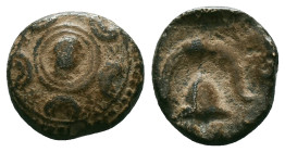 Greek
Kings of Macedon, Alexander III "the Great" (336-323 BC) AE Uncertain mint in Western Asia Minor.
Obv: Macedonian shield; facing head of Herakle...