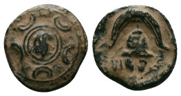 Greek
Kings of Macedon, Alexander III "the Great" (336-323 BC) AE Uncertain mint in Western Asia Minor.
Obv: Macedonian shield; facing head of Herakle...