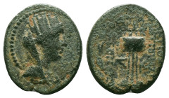 GREEK
Seleukis and Pieria, Antioch Æ. Dated Actian Era year 35 = AD 4/5. Turreted, draped, and veiled bust of Tyche to right / Tripod-lebes containing...