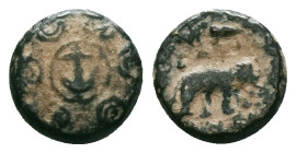 Greek
SELEUKID EMPIRE. Antiochos I Soter. 281-261 BC. Æ. Antioch on the Orontes mint. Macedonian shield with central anchor / Horned elephant walking ...