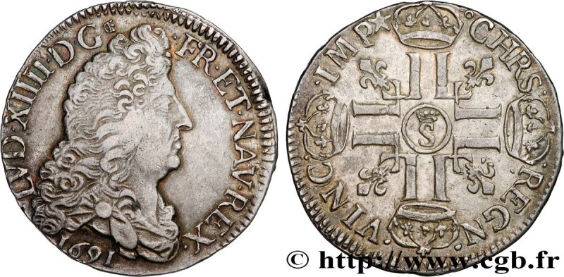 LOUIS XIV "THE SUN KING"
Type : Demi-écu aux huit L, 1er type 
Date : 1691 
Mint...