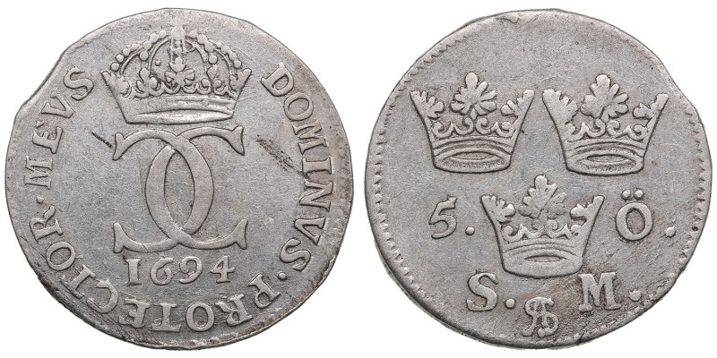 Sweden 5 Öre 1694 AS - Karl XI (1660-1697)
3.71g. VF/XF. Some luster. Delzanno 2...