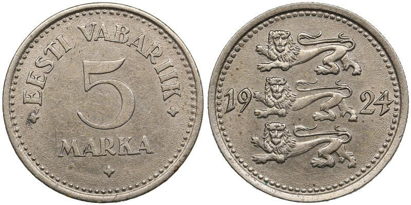 Estonia 5 Marka 1924
4.77g. XF/UNC. An attractive specimen displaying some luste...