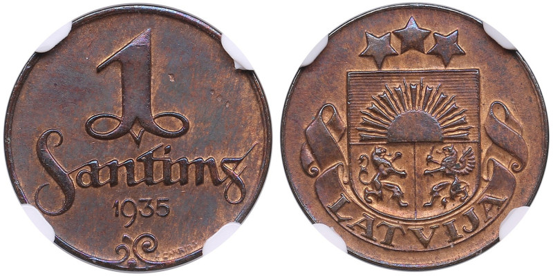 Latvia 1 Santims 1935 - NGC MS 62 BN
Red mint luster with some toning. KM 1. 