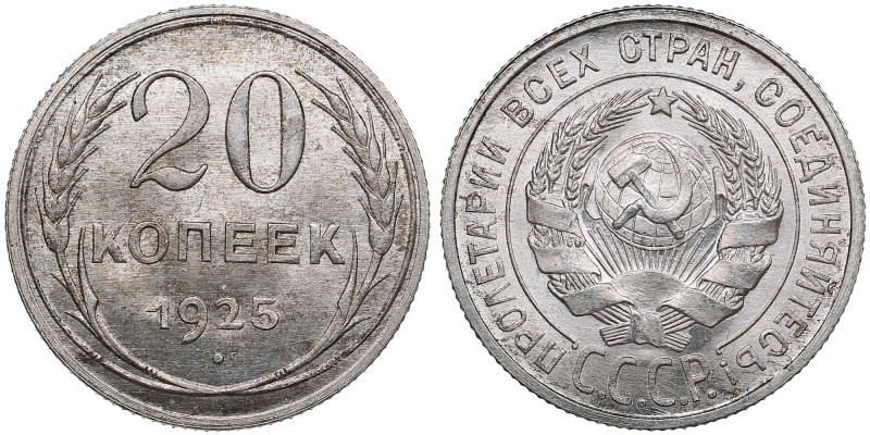 Russia (USSR) 20 Kopecks 1925
3.92g. UNC/UNC. Charming brilliant exemplar with e...