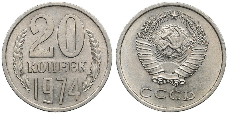 Russia (USSR) 20 Kopecks 1974
3.37g. AU/UNC. Fedorin 125. Rare.