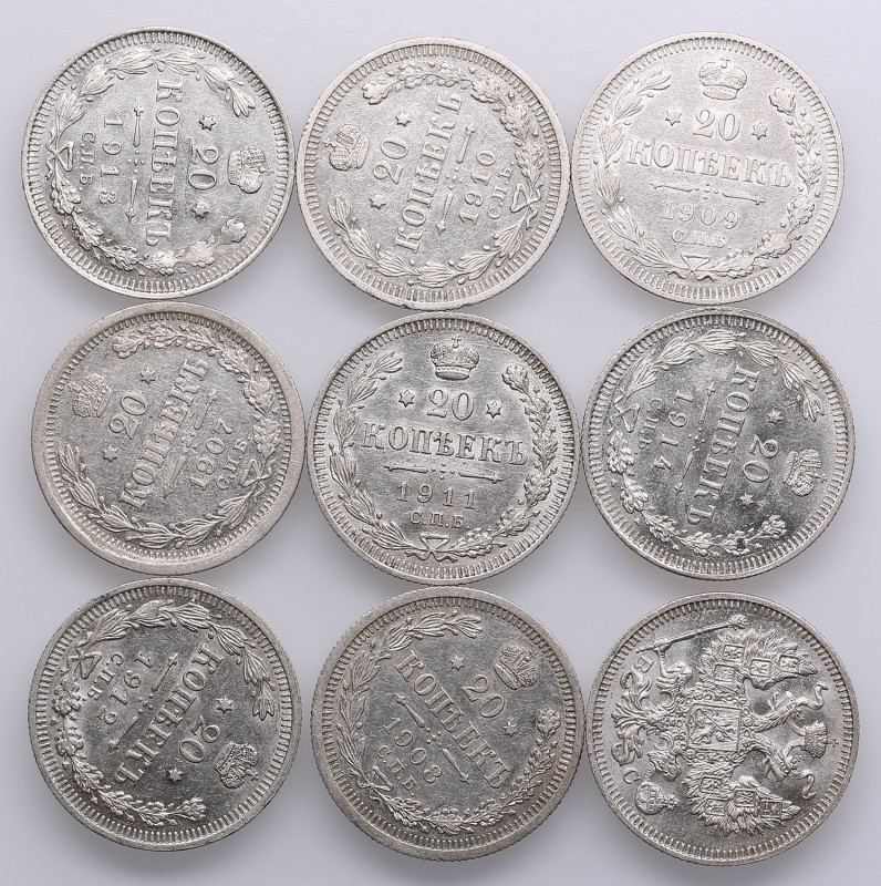 Collection of Russian 20 Kopecks 1907, 1908, 1909, 1910, 1911, 1912, 1913, 1914 ...