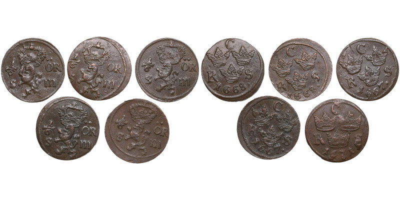 Sweden: group of 1/6 Öre 1667, 1668, 1671 - Karl XI (1660-1697) (5)
Various cond...