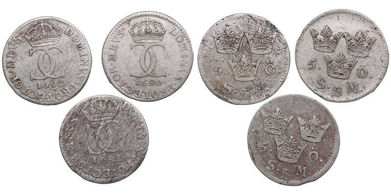 Sweden 5 Öre 1690, 1691, 1692 - Karl XI (1660-1697) (3)
Various condition.